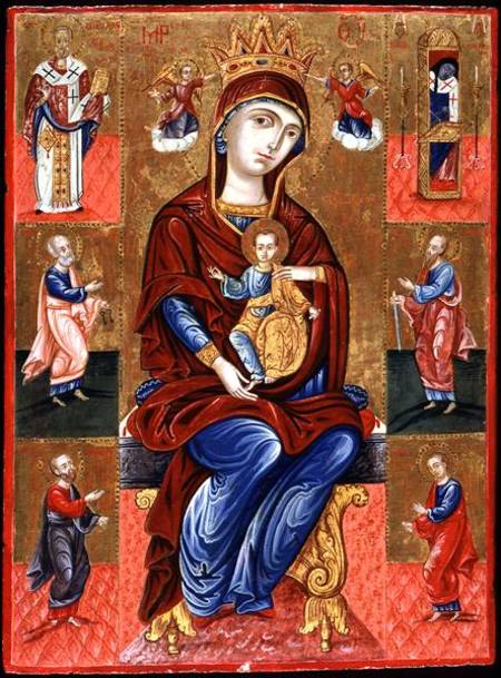 Virgin of Skopiotisa Enthroned with Christ and Six Saints von Greek School
