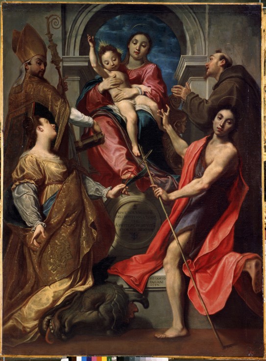 Madonna und Kind mit Heiligen Franz von Assisi, Johannes dem Täufer, Margareta und Gregor dem Großen von Gregorio Pagani