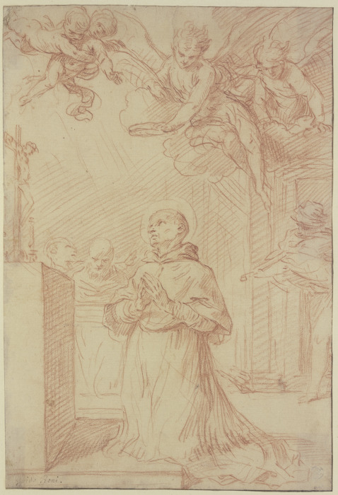 Betender Heiliger vor einem Altar von Engeln gekrönt von Guido Reni