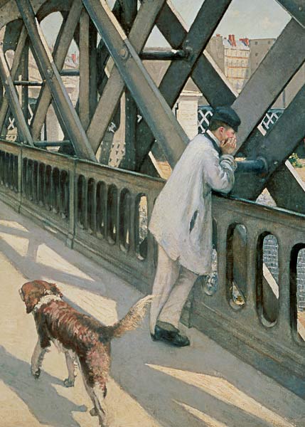 Le Pont de L'Europe: detail of a resting man and a dog von Gustave Caillebotte