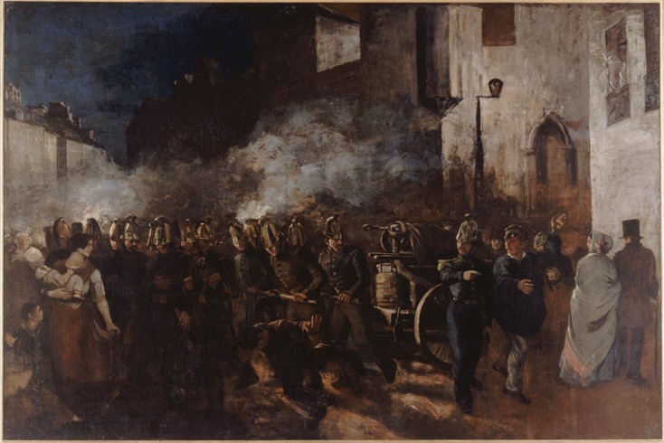 Feuerwehrleute eilen zu einem Brand von Gustave Courbet