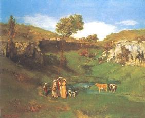 Die Dorfmädchen geben einer Kuhhirtin ein Almosen in einem Tal nahe bei Ornans 1851