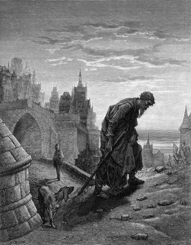 The Mariner, having finished his story, turns to leave, while his listener, the wedding guest gazes  von Gustave Doré