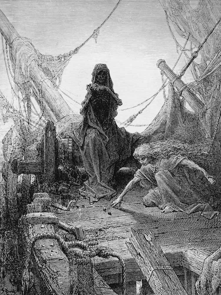 The ''Night-mare Life-in-Death'' plays dice with Death for the souls of the crew von Gustave Doré