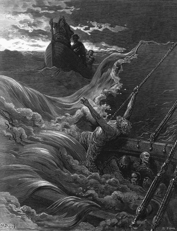 The mariner, as his ship is sinking, sees the boat with the Hermit and Pilot, scene from ''The Rime  von Gustave Doré