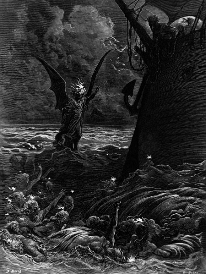 Death-fires dancing around the becalmed ship, scene from ''The Rime of the Ancient Mariner'' S.T. Co von Gustave Doré