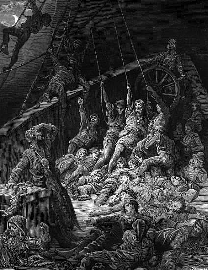 The dead sailors rise up and start to work the ropes of the ship so that it begins to move, scene fr von Gustave Doré