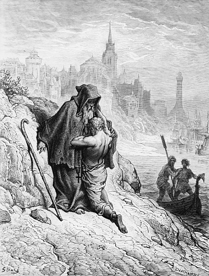 The Mariner begs the Hermit to give him absolution from his sin, scene from ''The Rime of the Ancien von Gustave Doré