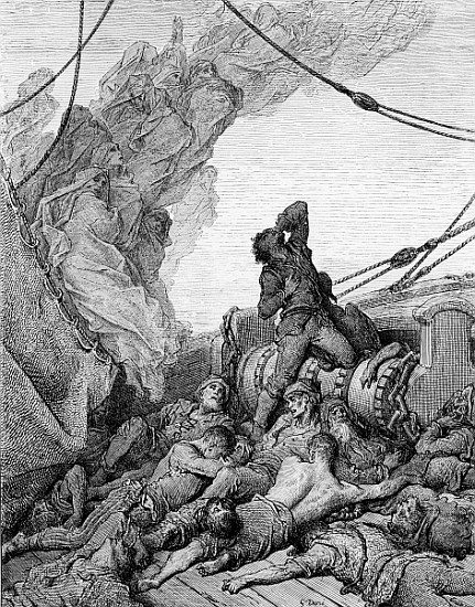 The Mariner, surrounded the dead sailors, suffers anguish of spirit, scene from ''The Rime of the An von Gustave Doré