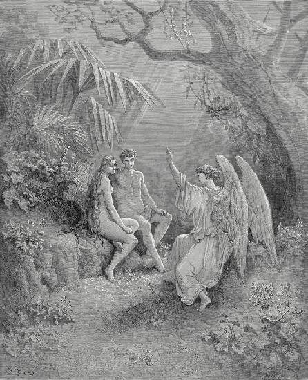 Raphael spricht mit Adam und Eva. Illustration für "Das verlorene Paradies" von John Milton 1866
