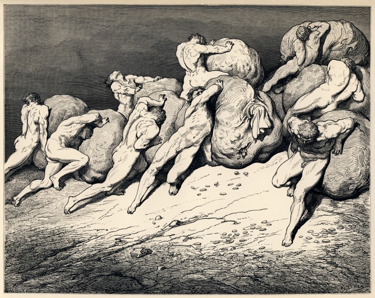 Verschwender und Geizigen. Illustration zur Dante Alighieris Göttlicher Komödie von Gustave Doré