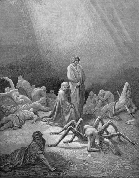Virgil (70-19 BC) and Dante looking at the spider woman, illustration from ''The Divine Comedy'' (In von Gustave Doré