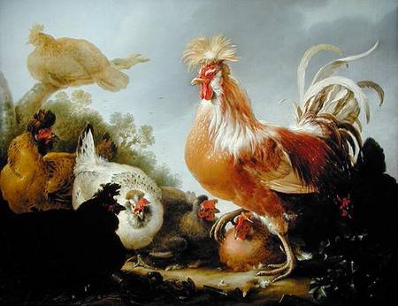 Cockerel and hens in a landscape von Gysbert Hondecoeter