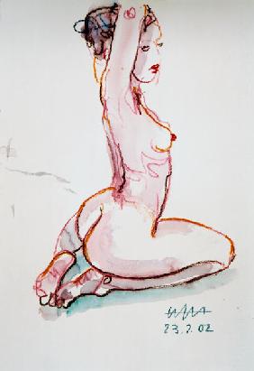 Auf den Unterschenkeln sitzender weiblicher Akt, Hände am Hals, ... 2002