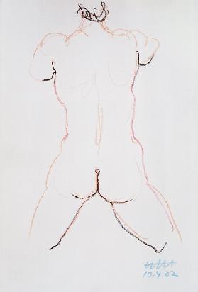 Stehender männlicher Akt, Beine gespreizt, beide Arme nach vorn, Ansicht von hinten. 2002