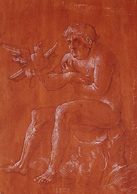 Nude man sitting on a tree trunk listening to a parrot (pen & ink and white chalk on red paper) von Hans Baldung Grien