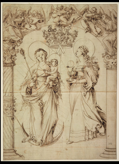 Scheibenriß mit der Madonna auf der Mondsichel und der Heiligen Barbara von Hans Baldung Grien