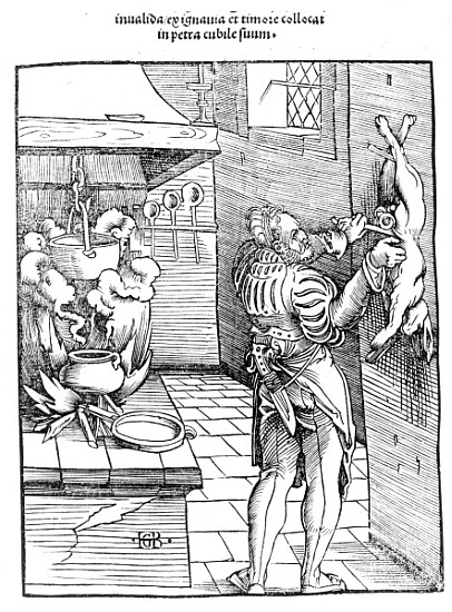 View of a sixteenth century kitchen with cook gutting a rabbit von Hans Baldung Grien