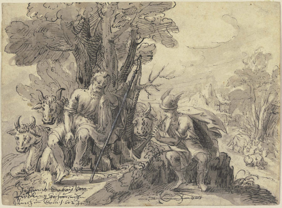 Argus mit seiner Herde unter einem Baum sitzend von Hans Depay