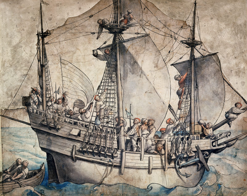 Schiff mit Matrosen, Landsknechten und einer Marketenderin beim Gelage von Hans Holbein d. J.