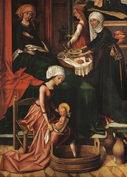 Geburt Mariae Weingartner Altar im Dom zu Augsburg Detail Das erste Bad. von Hans Holbein der Ältere