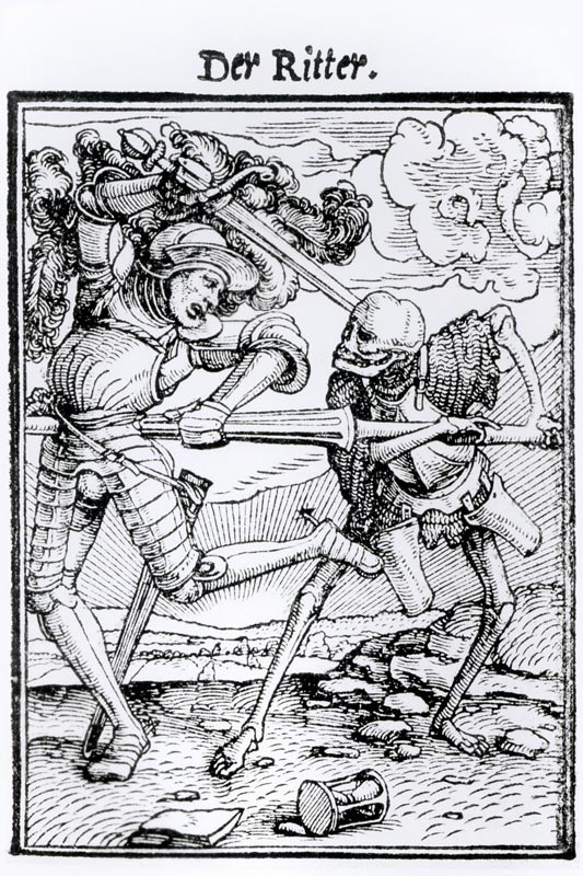 Death and the Knight, from 'The Dance of Death', engraved by Hans Lutzelburger, c.1538 (woodcut) (b/ von Hans Holbein der Jüngere