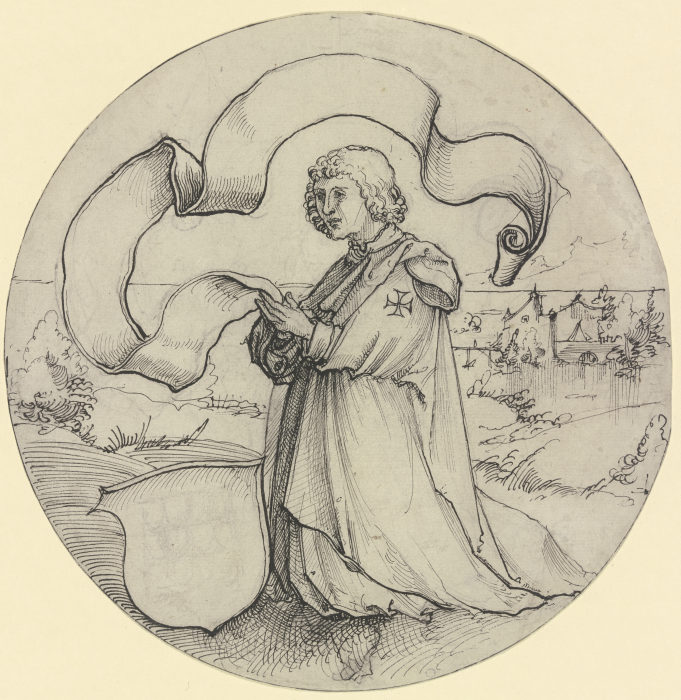 Kniender Johanniter in einer Landschaft mit Spruchband und Wappenschild von Hans Leu d. J.