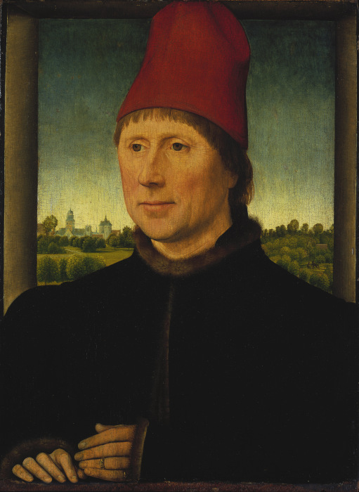Bildnis eines Mannes mit hoher roter Kappe von Hans Memling