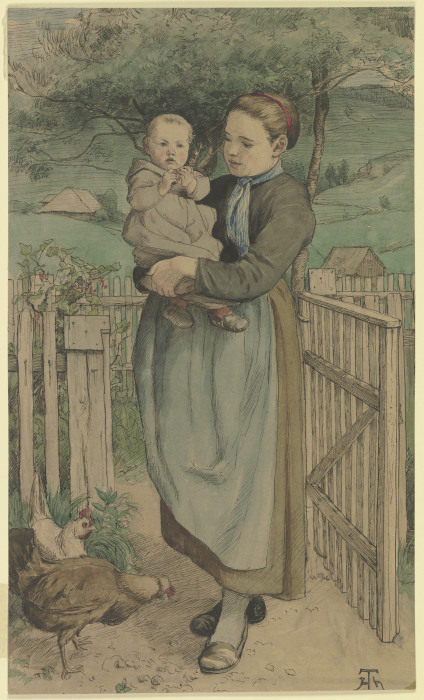 Bauernmädchen mit einem Kind auf dem Arm an einem Holzgitter stehend von Hans Thoma