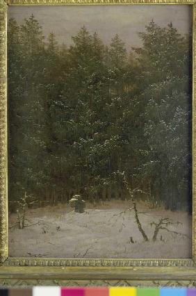 Verschneiter Wald mit Steinkreuz 1823