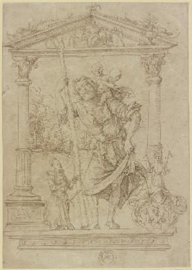 Der Heilige Christophorus mit kniendem Stifter, in Renaissance-Umrahmung, rechts das Wappen der Nürn