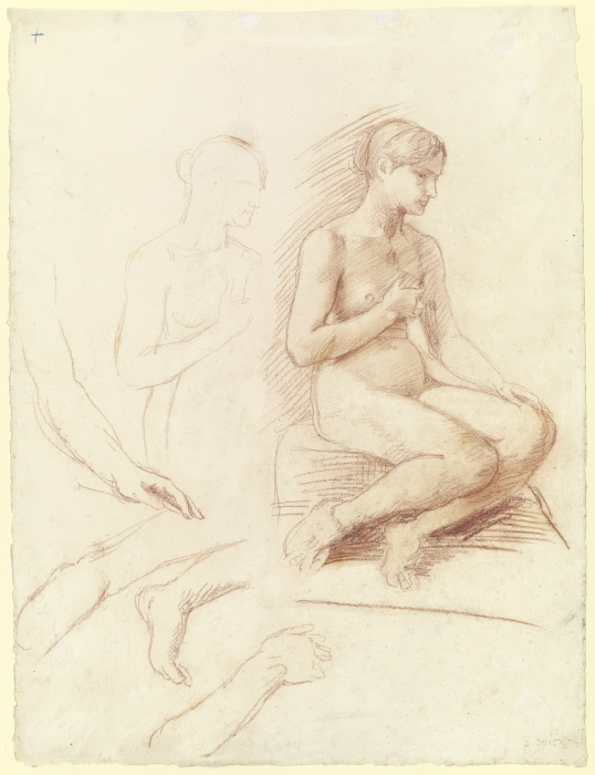 Weiblicher sitzender Akt, daneben Bein- und Armstudien von Hans von Marées