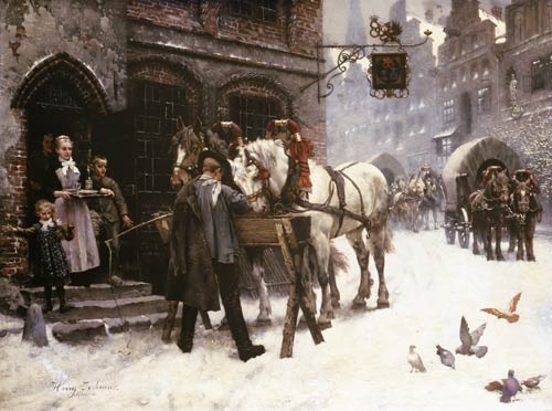 Pferdefüttern vor einem Gasthof im Winter von Harry Jochmus