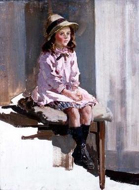 Portrait of a young girl in a pink dress and a straw hat (panel) 19th