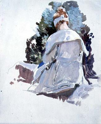 Woman in a white dress sitting upon rocks (oil on paper) von Harry Watson