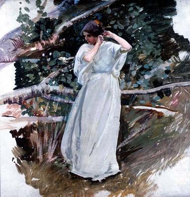 Young woman in a long white dress (panel) von Harry Watson