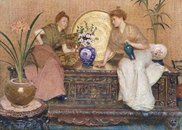 Zwei Damen auf einer Truhe sitzend. von Hector Caffieri