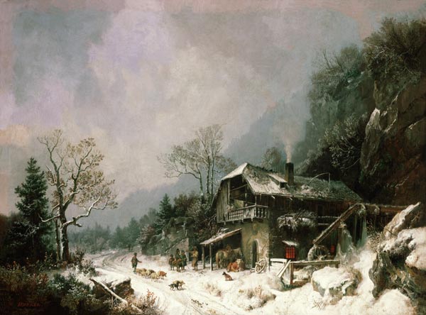 Winterlandschaft an einer Schmiede von Heinrich Bürkel