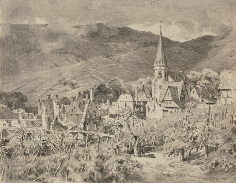 Ansicht eines ruinösen Dorfes, umgeben von Weinbergen von Heinrich Funk