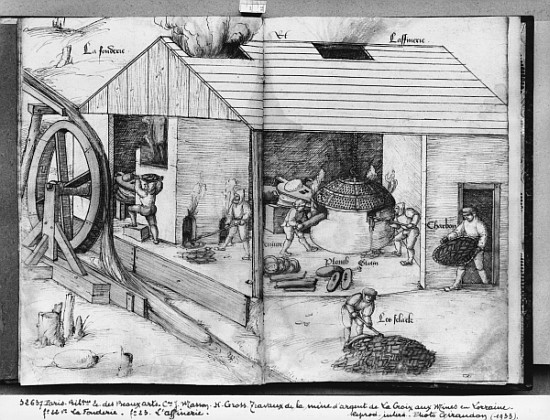 Silver mine of La Croix-aux-Mines, Lorraine, fol.22v and fol.23r, foundry and refining, c.1530 von Heinrich Gross or Groff