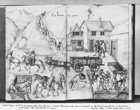 Silver mine of La Croix-aux-Mines, Lorraine, fol.20v and fol.21r, transporting the ore, c.1530 von Heinrich Gross or Groff