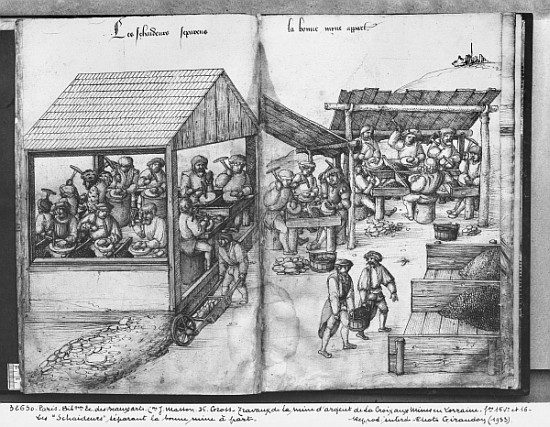 Silver mine of La Croix-aux-Mines, Lorraine, fol.15v and fol.16r, miners sorting the ore out, c.1530 von Heinrich Gross or Groff
