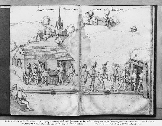 Silver mine of La Croix-aux-Mines, Lorraine, fol.8v and fol.9r, miners entering the mine, c.1530 von Heinrich Gross or Groff