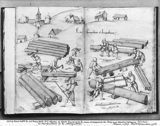 Silver mine of La Croix-aux-Mines, Lorraine, fol.2v and fol.3r, carpenters and carpentry, c.1530 von Heinrich Gross or Groff