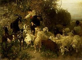 Knaben beim Füttern von Ziegen und Schafen von Heinrich von Zügel