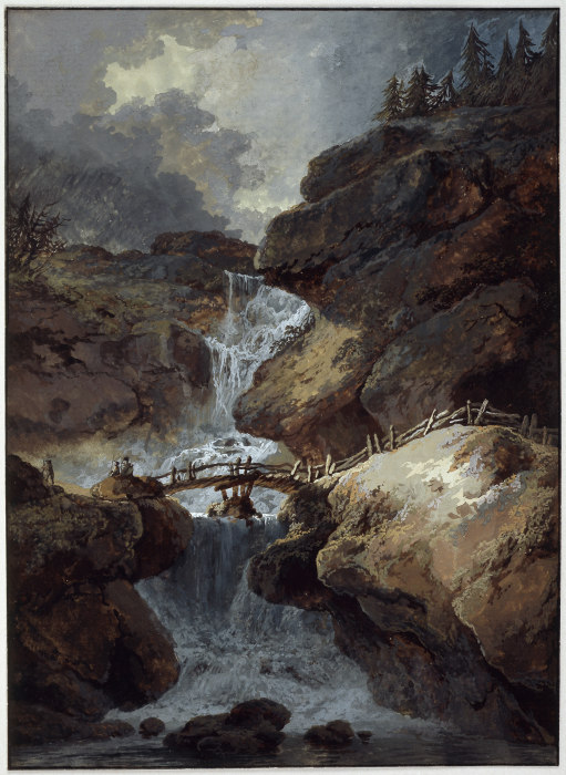 Wasserfall in einer Felsenschlucht bei Gewitterstimmung von Heinrich Wüest