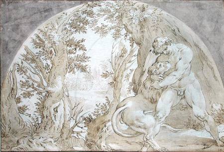 Hercules and the Nemean Lion (pen & ink on paper) von Hendrick Goltzius
