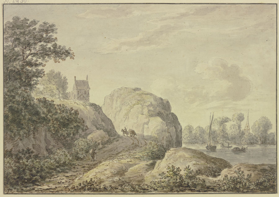 Felsiges Ufer an einem Fluß, links oben eine Kapelle von Hendrik Tavenier