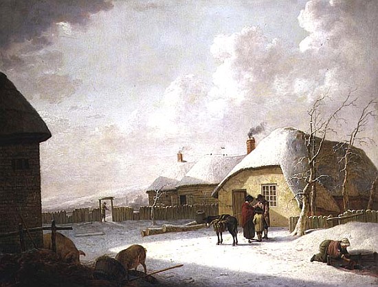 Figures Outside a Cottage in the Snow von Hendrik Willem Schweickardt