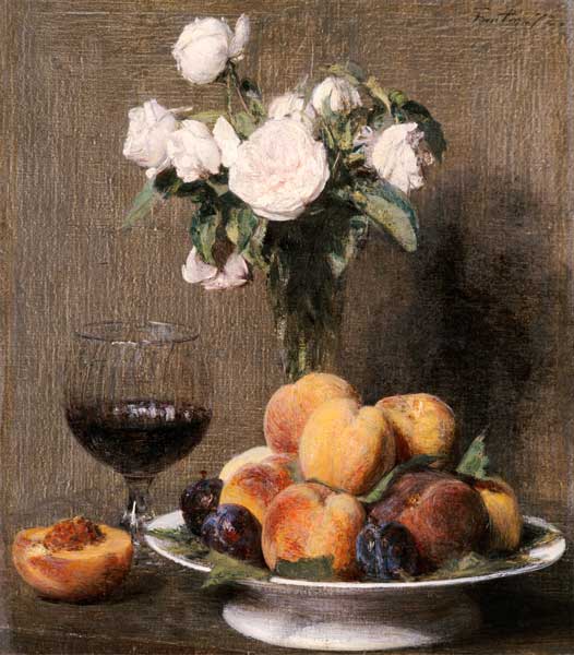 Stillleben mit Rosen, Früchten und einem Weingls von Henri Fantin-Latour